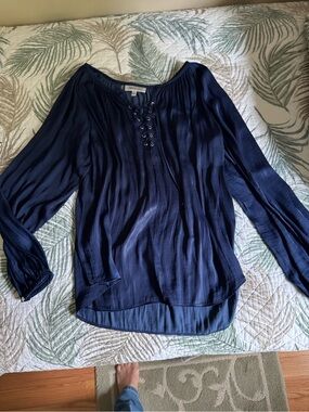 Jennifer Lopez Navy Lace-Up Long-Sleeve Blouse